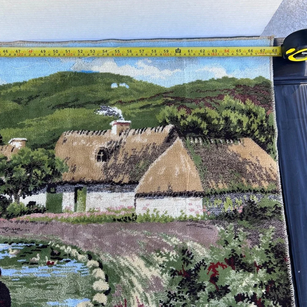 Vintage Scenic Tapestry Wall Hanging Cows‎ River Thatch Roof Cottages Fringe